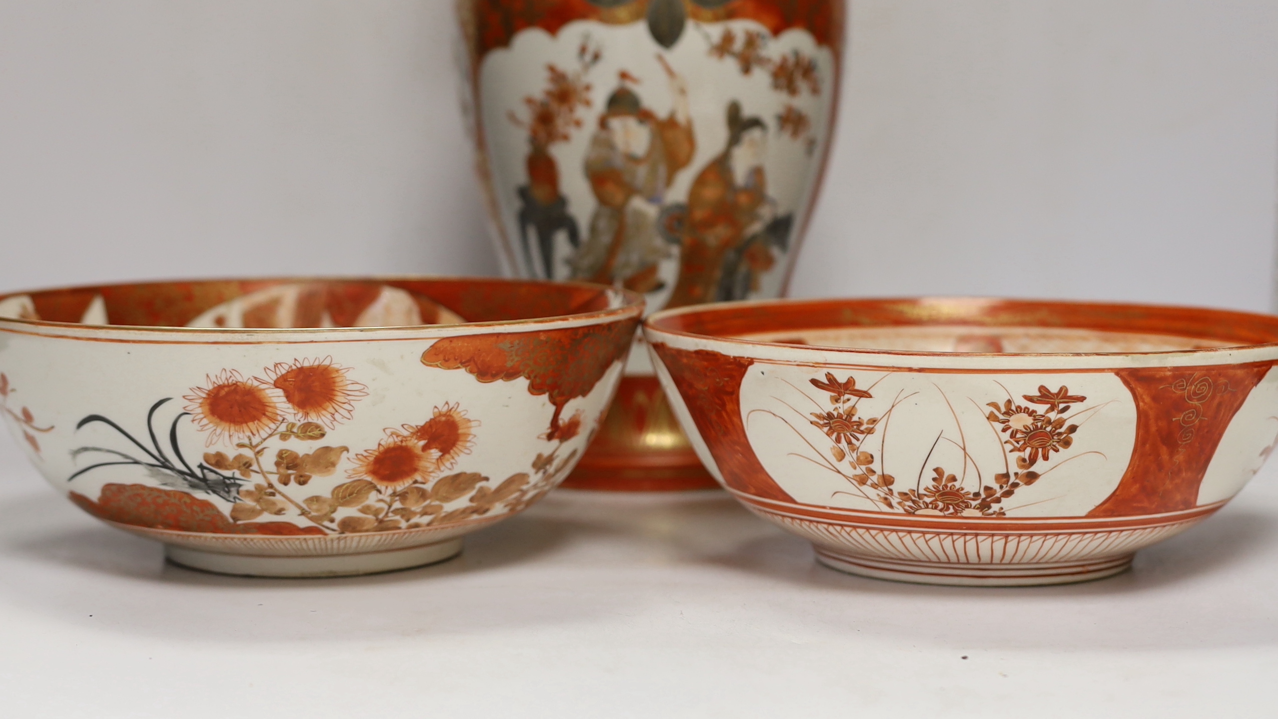 A group of Japanese Kutani porcelain wares including two bowls and a large vase, largest 34cm high